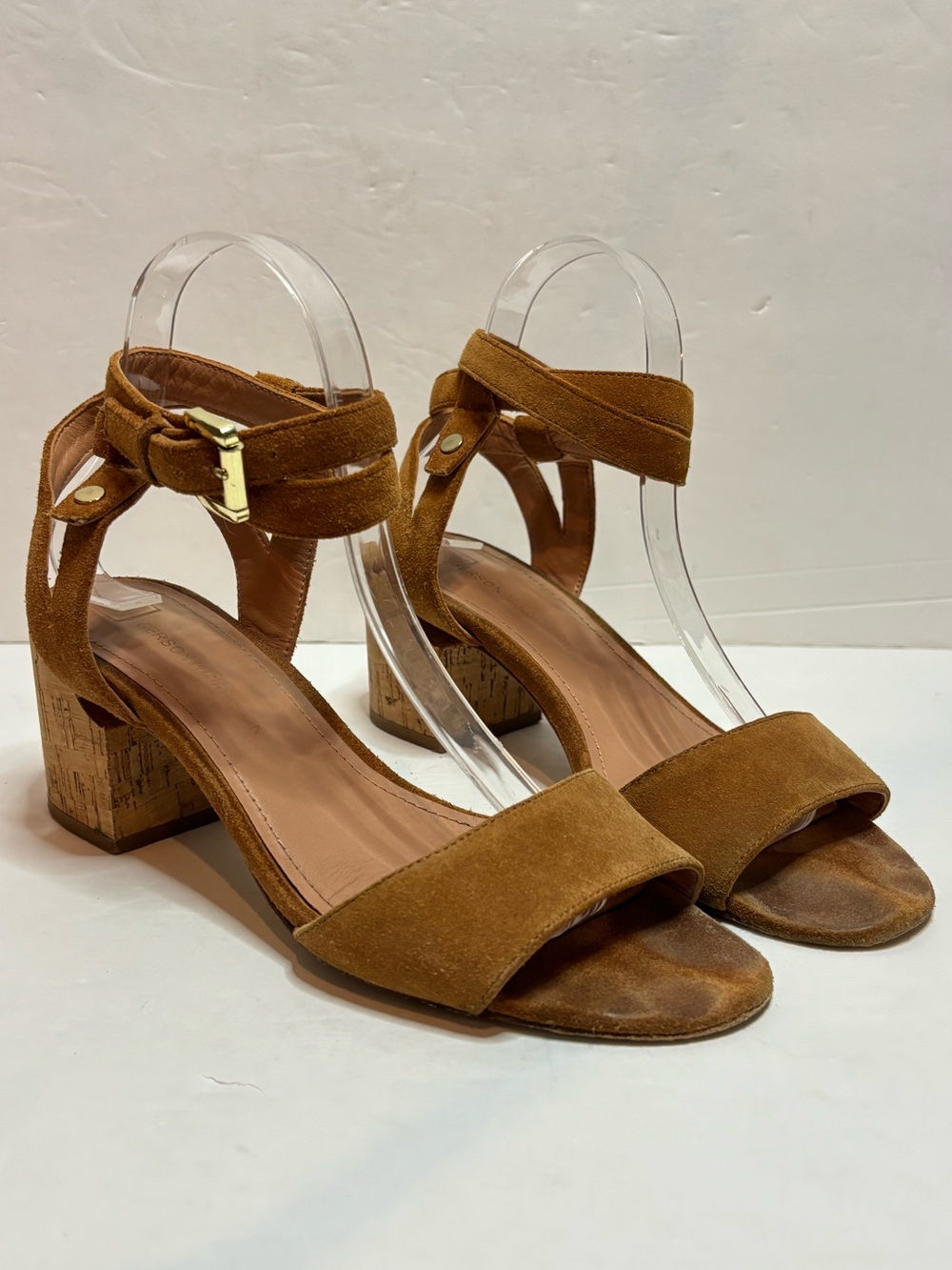 Sigerson Morrison Rina Tan Suede Ankle Wrap Cork Block Heel Sandals 8